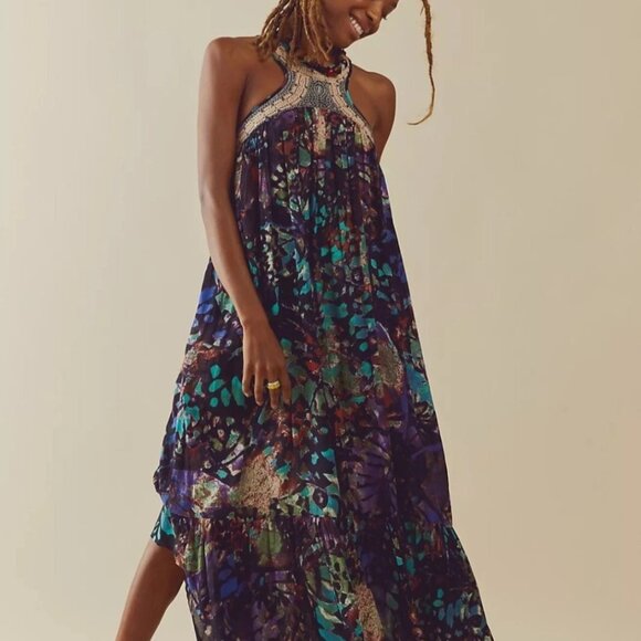 Free People Monarch Maxi Dress Size Womens Large Crochet Halter Neckline Lined - Picture 1 of 6